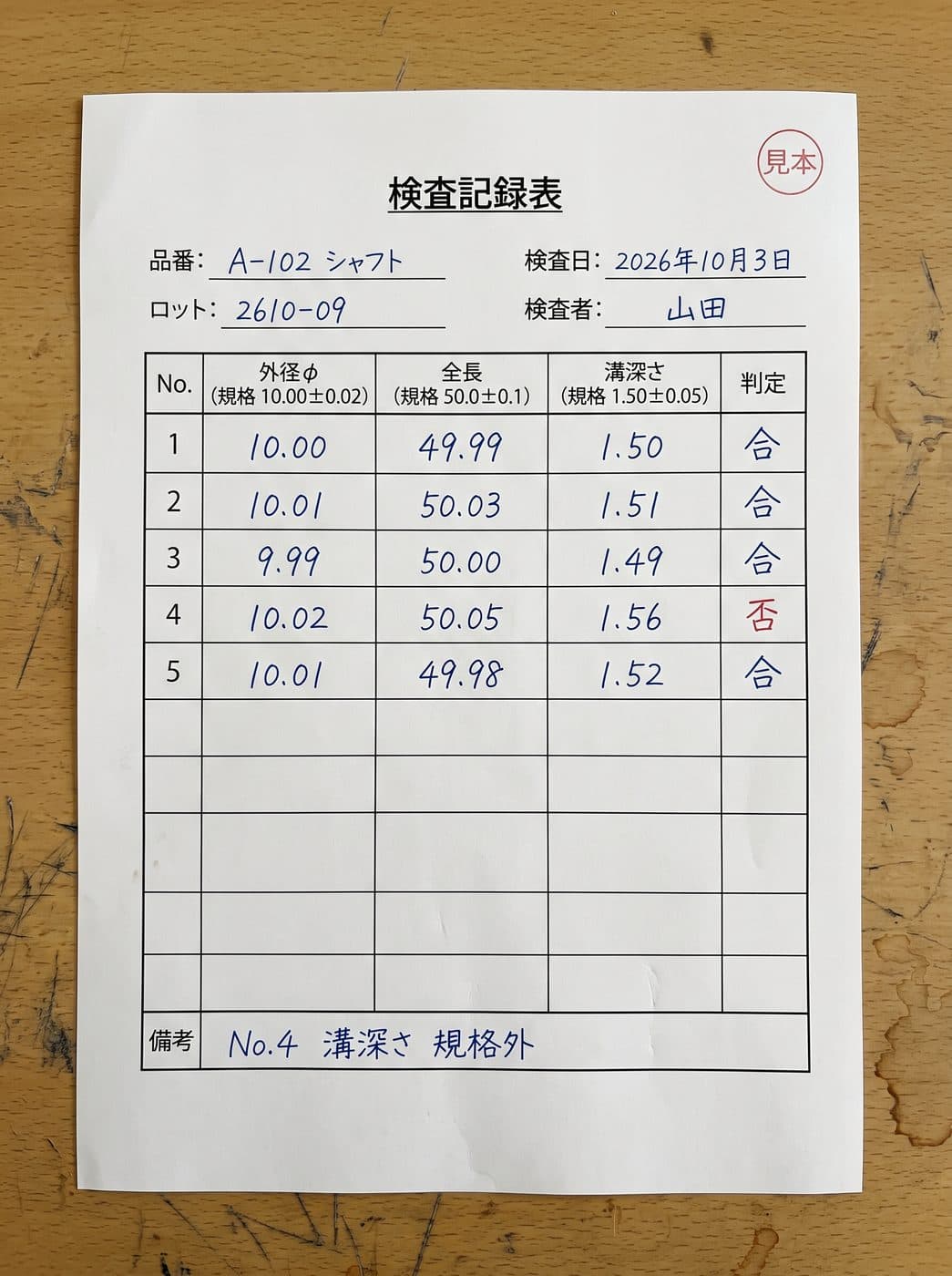 見本の検査記録 3枚目